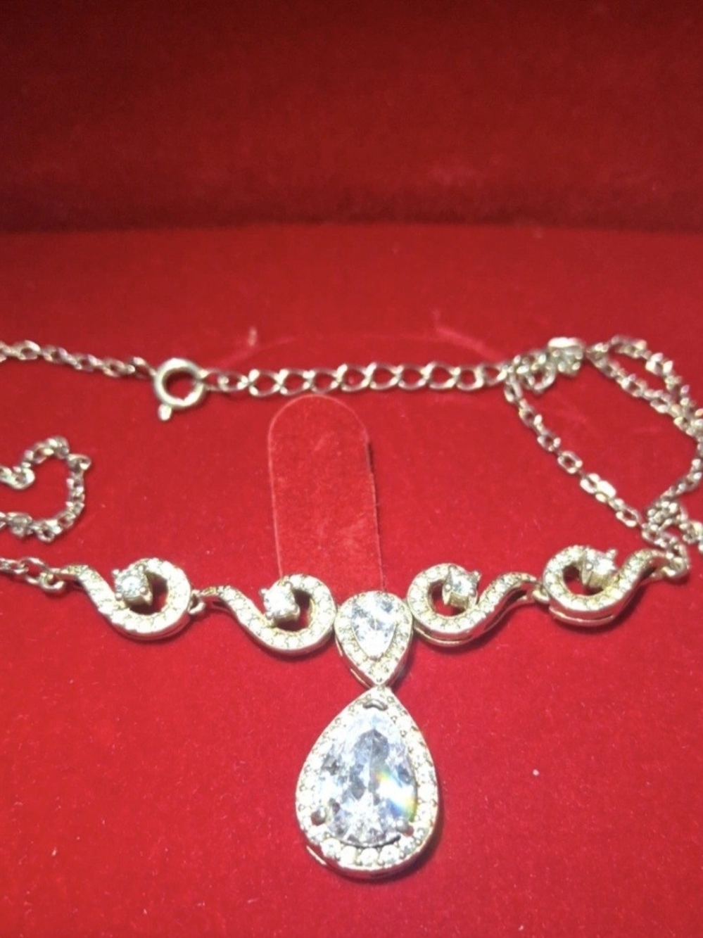 Crystal Teardrop Pendant Necklace in Silver - Clear White Crystal